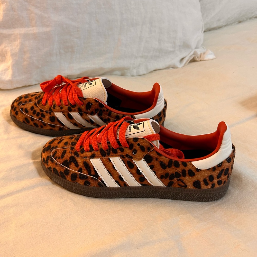 adidas Leopard Print Athletic Shoes with Red and White Accents